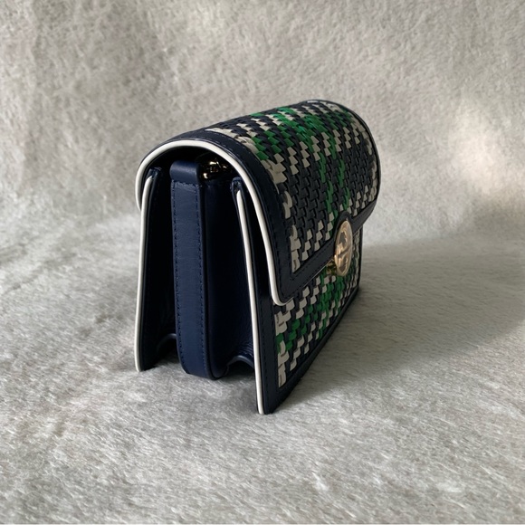 NWT Tory Burch Duet Chain Woven Convertible Navy Green mini Shoulder Bag - Picture 4 of 11